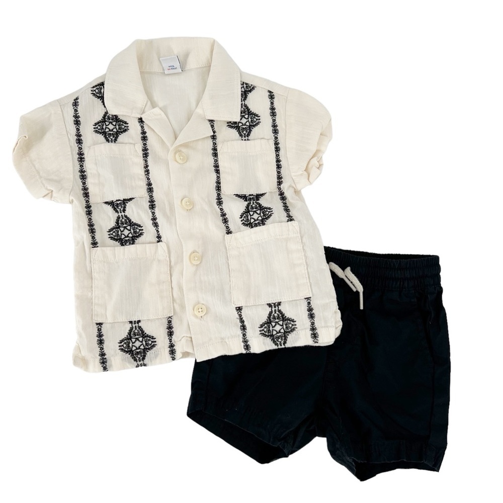 Baby Vacation Holiday Button Down White and Black Embroidered Shirt With Shorts